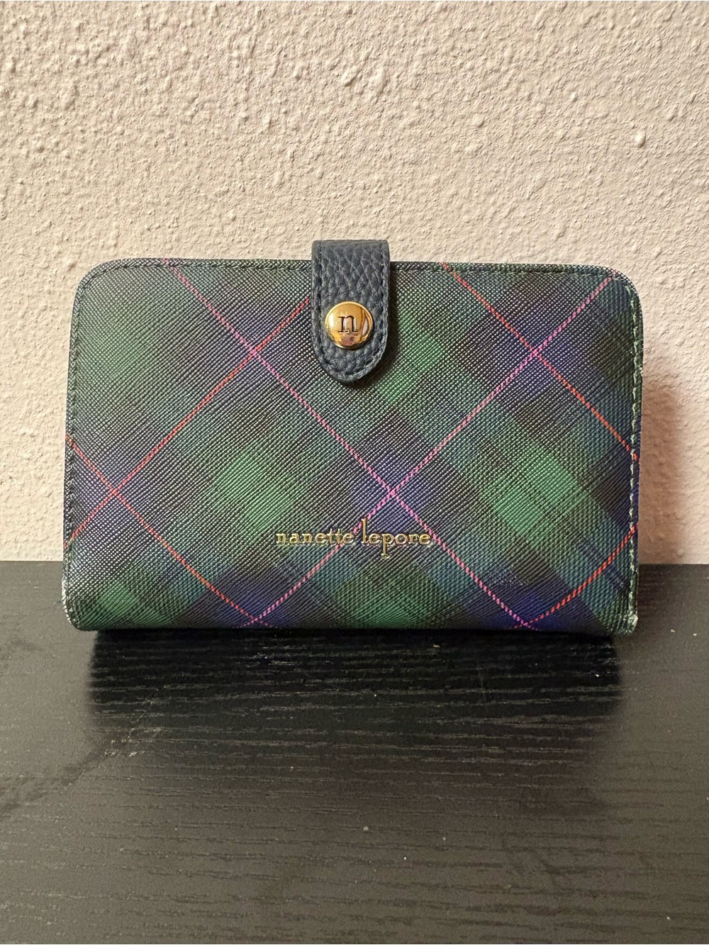 Nanette Lepore Plaid Bifold Zip Around Wallet Green Blue Pink